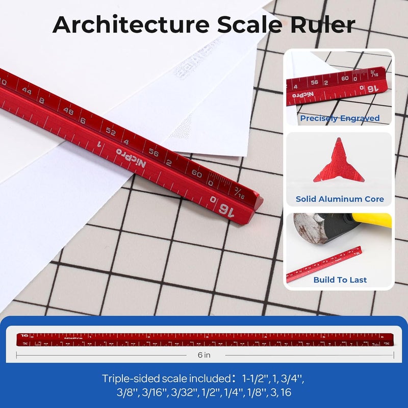 Nicpro 30 قطعة أدوات رسم احترافية ومجموعة هندسية مع حقيبة، مجموعة منقلة معمارية، أقلام ميكانيكية معدنية، قلم، مسطرة معدنية، 5 قوالب رسم لتصميم المنازل الداخلية - Image 5